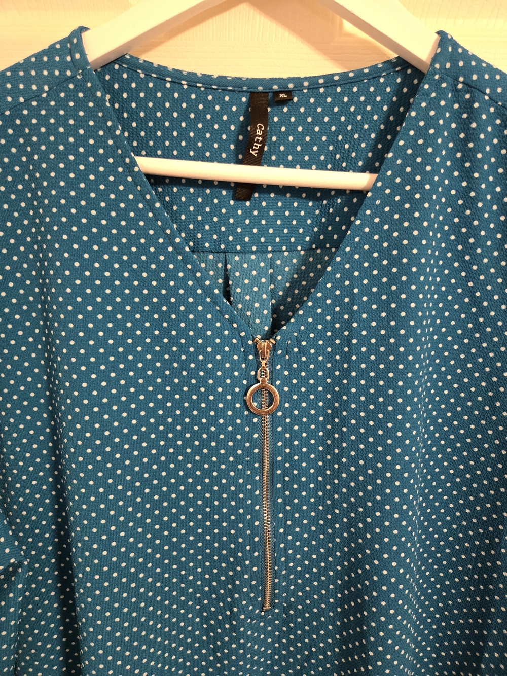 Cathy Women's Teal Polka Dot V-Neck Zip-Front Blouse Size XL - Picture 3 of 7